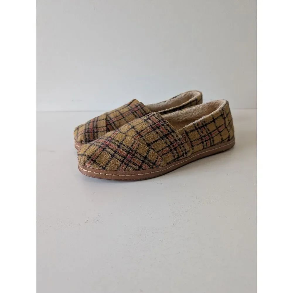 Toms Alpargata Mustard Plaid Polyester/Wool Faux Fur Slip-On Shoes Sz 7